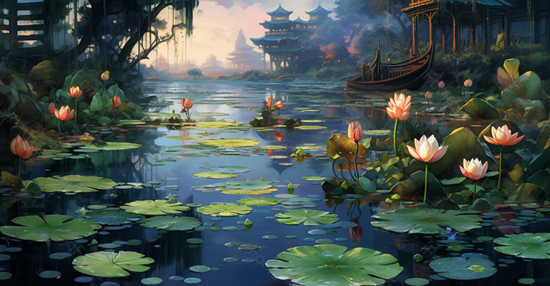 国潮中国风荷塘厚涂插画绿色背景,插画/手绘图,插画/手绘图库,插画/手绘图下载,插画/手绘